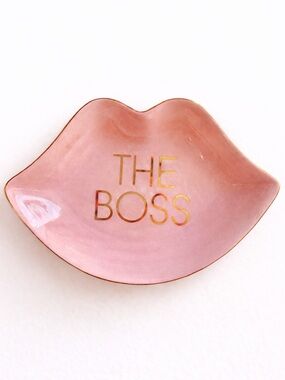Pink Lips Ring Dish “The Boss” Gold Jewelry Holder Trinket Dish Vanity Decor